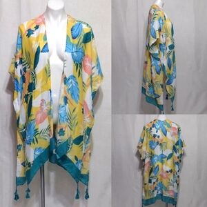 Tropical Floral Kimono Cardigan Boho Bikini Cover-Up OS Resort Summer Vacay